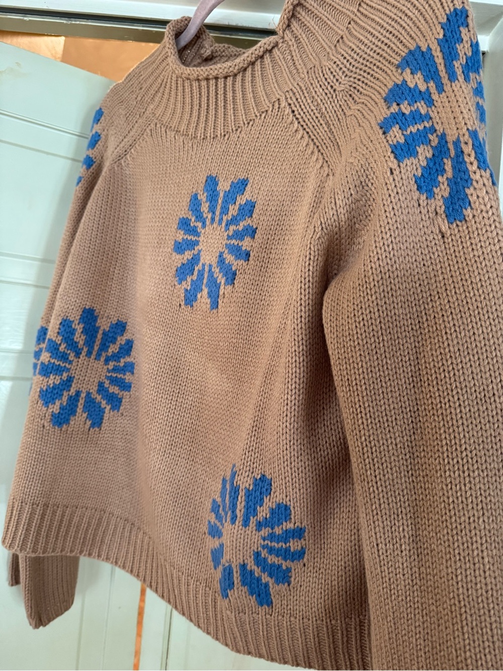 Women's tan Cowl-Neck Sweater with Blue Floral Motif - Picture 5 of 8